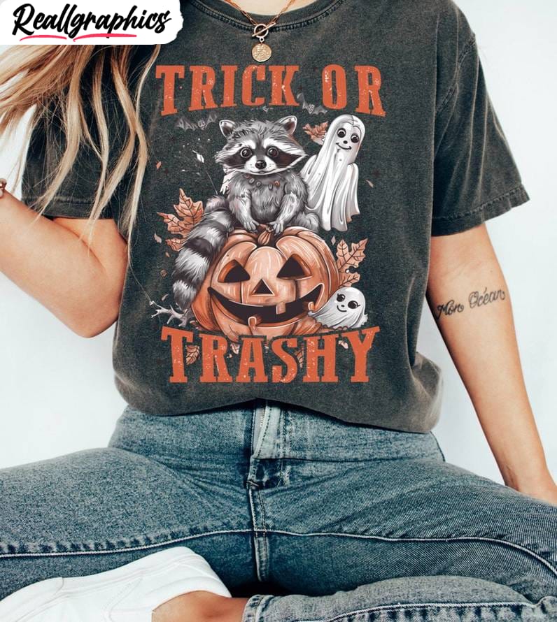 comfort trick or trashy racoon halloween shirt, cute raccoon unisex hoodie short sleeve