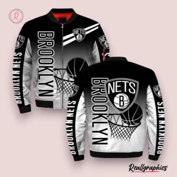 nba brooklyn nets black gradient special bomber jacket, brooklyn nets gifts