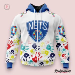 nba brooklyn nets custom name number autism awareness hands zip up hoodie, brooklyn nets gifts