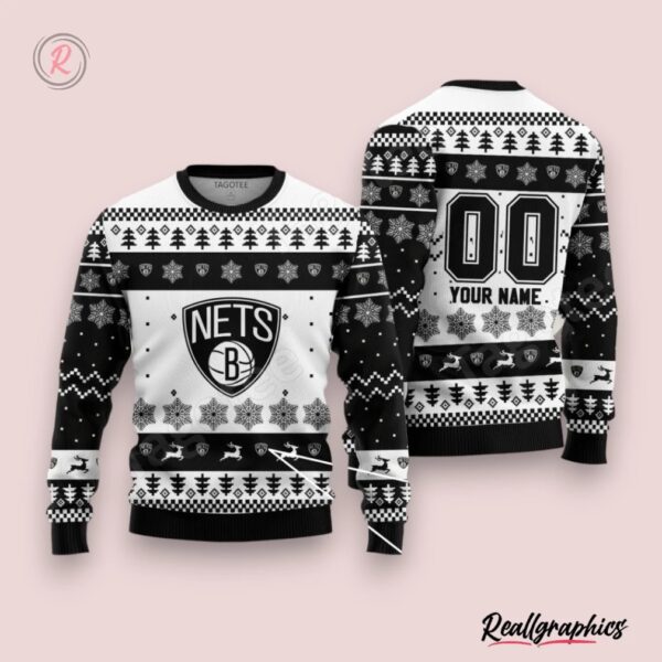 nba brooklyn nets custom name number ugly christmas sweater, brooklyn nets team gifts