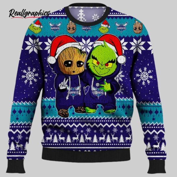 nba charlotte hornets baby groot and grinch best friends ugly christmas sweater, charlotte hornets gifts