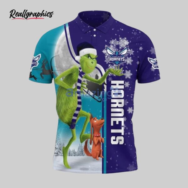 nba charlotte hornets dark purple teal the grinch ugly christmas polo shirt, hornets merch