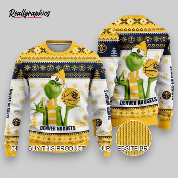 nba denver nuggets white yellow the grinch ugly christmas sweater, nuggets gifts for fans