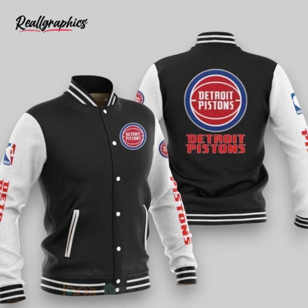 nba detroit pistons black white baseball jacket, pistons gear