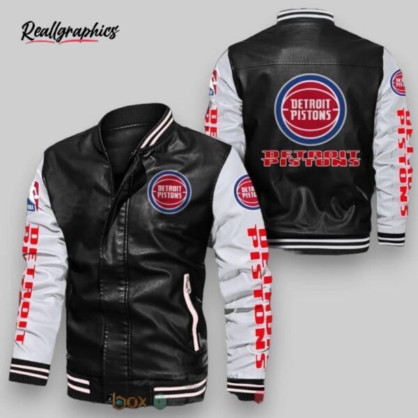 nba detroit pistons black white leather bomber jacket, pistons merchandise